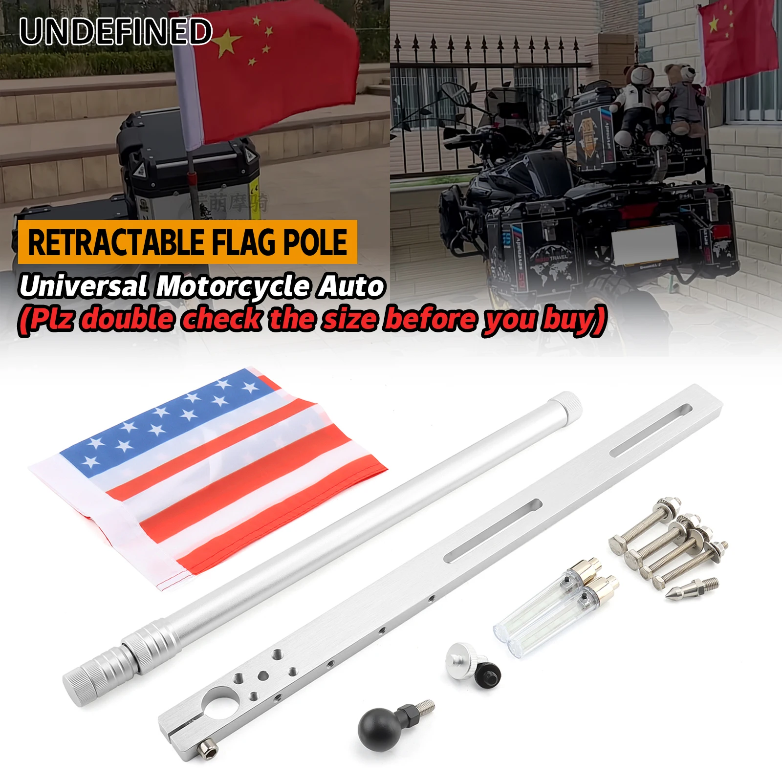 

Silver Universal Motorcycle Auto Flag Pole 17 44.5 inch Retractable America Flagpole Rear Seat Luggage Rack Mount Flag Pole Kit