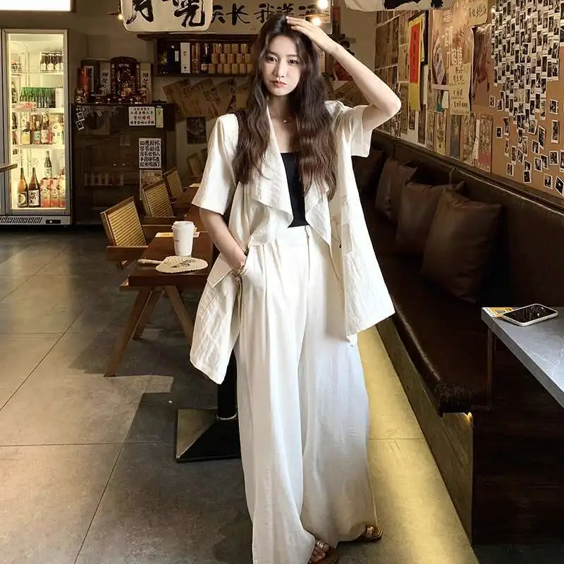 Yaonovni verão moda feminina 2 peça conjunto solto jaqueta irregular + calças de perna larga casual versátil novas roupas 1a1044