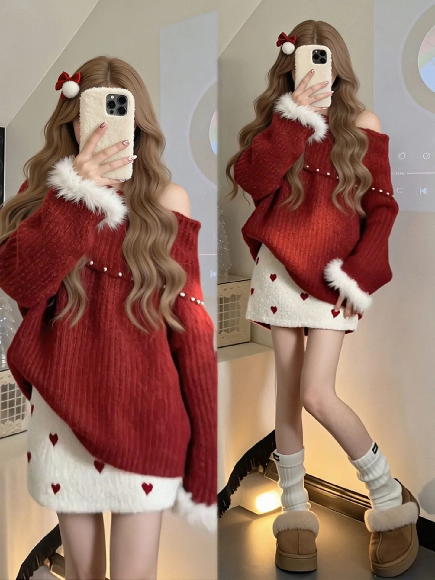 

Christmas New Year plus Size Women's Red Knitted Sweater Short Skirt Set Casual Loose Fit Warm Fashionable Winter Ensemble
