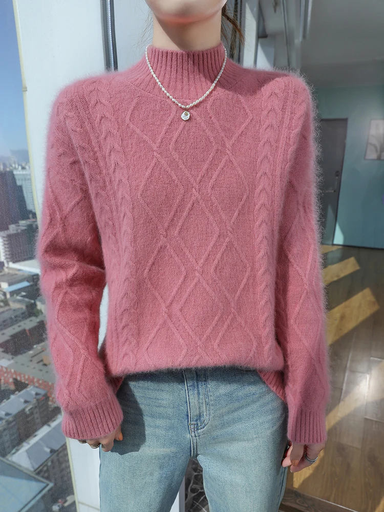 TLOML Damen-Pullover aus 100 % Nerz-Kaschmir, Stehkragen, Pullover, Herbst-Winter, solide Basic-Kaschmir-Strickwaren, weich, warm, bequem