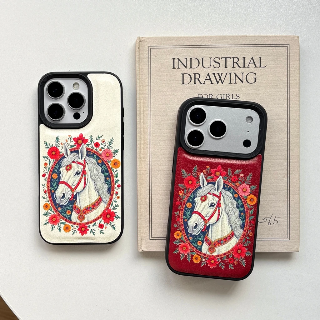 2026 سنة النمط الصيني الأحمر الأبيض الحصان إطار صور زهرة إكليل نمط غطاء الهاتف القضية آيفون 17 16 15 14 13 برو ماكس #1