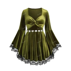 ROSEGAL Plus Size pizzo Trim velluto t-shirt 2023 donna autunno cuore catena Twist maniche svasate top verde elegante Streetwear Tees