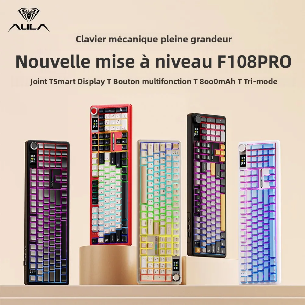 AULA F108 pro clavier Bluetooth sans fil clavier de jeu Macro joint clavier pleine taille change  chaud avec affichage intelligent TFT