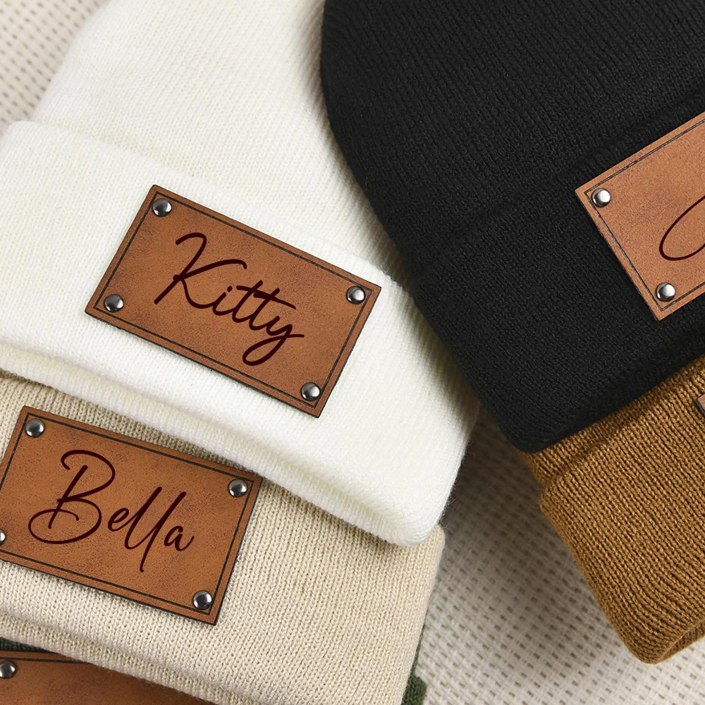 Personalized Engraved Leather Winter Beanie Hat Baby Beanie with Name Custom Youth Child Gift Knitted Hat Gift Adults BeaniesHat