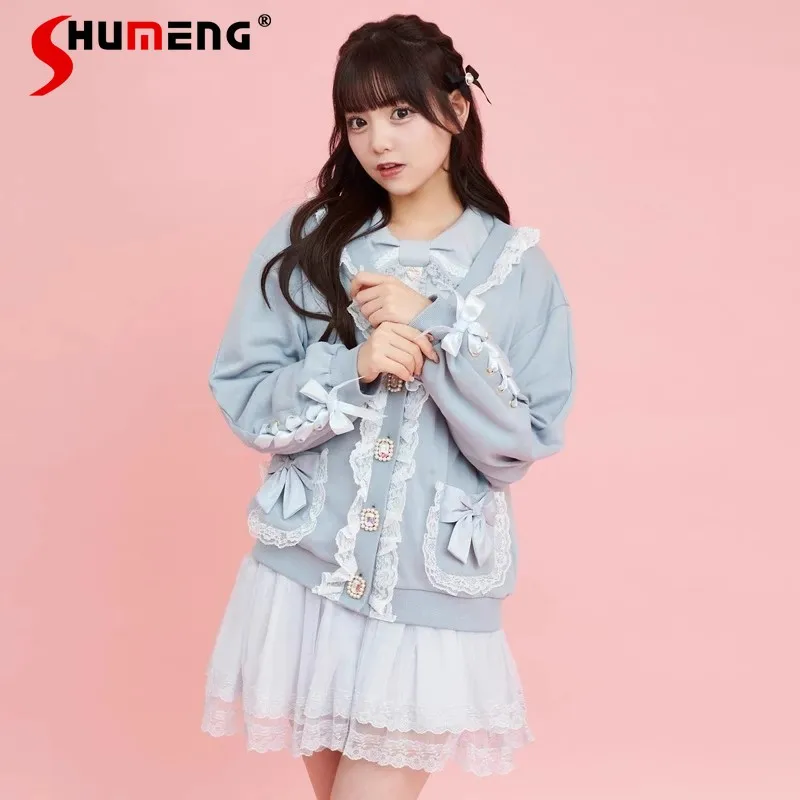 

Japanese Lolita Style Sweet And Cute Knitwear Lace V-neck Long Sleeve Mid-Length Bow Belt-Loop Knitted Cardigan New Spring Coat