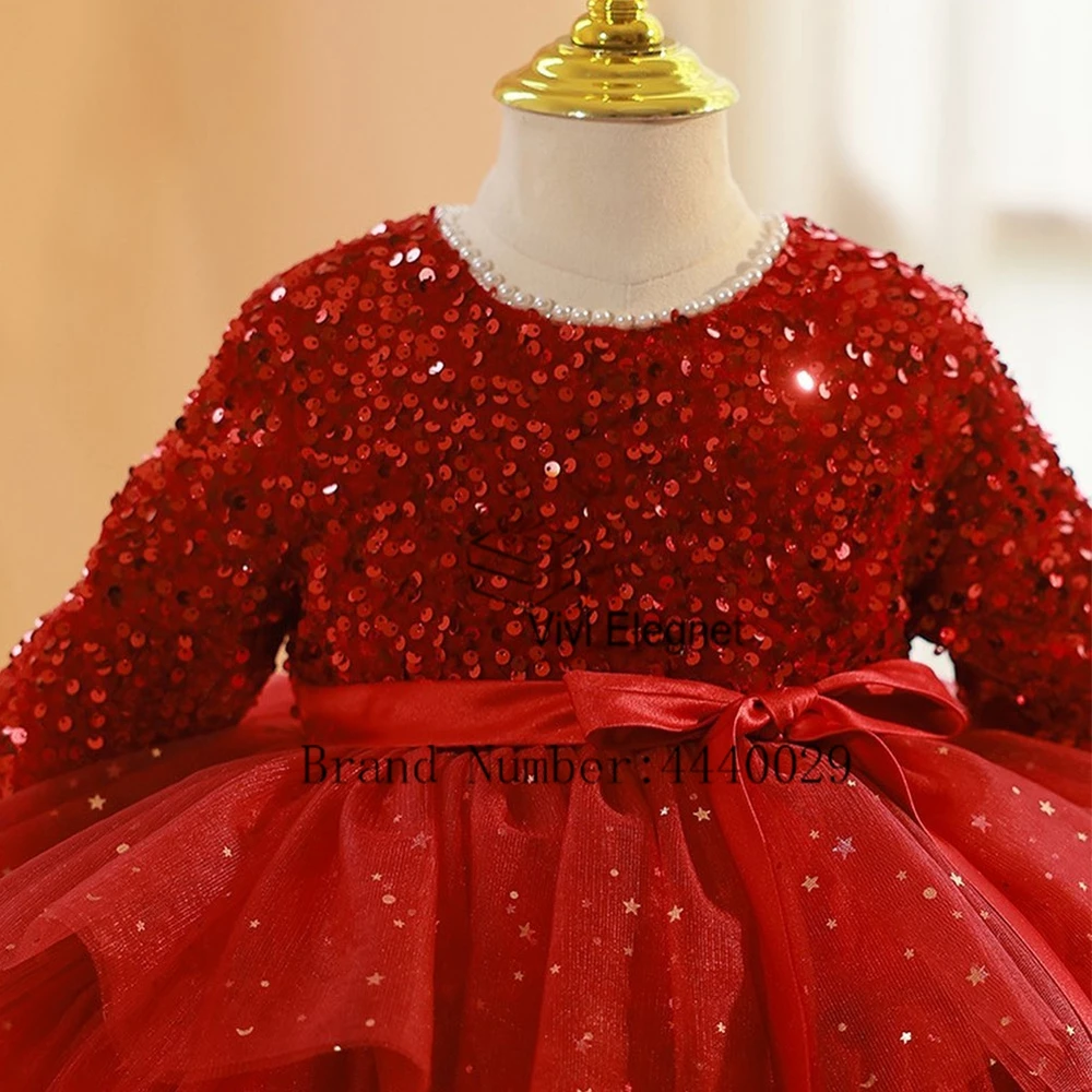 Modern Red Full Sleeve Flower Girls Dresses for Kids 2024 abiti natalizi a maniche lunghe a strati con cintura con paillettes pzoma a buon mercato