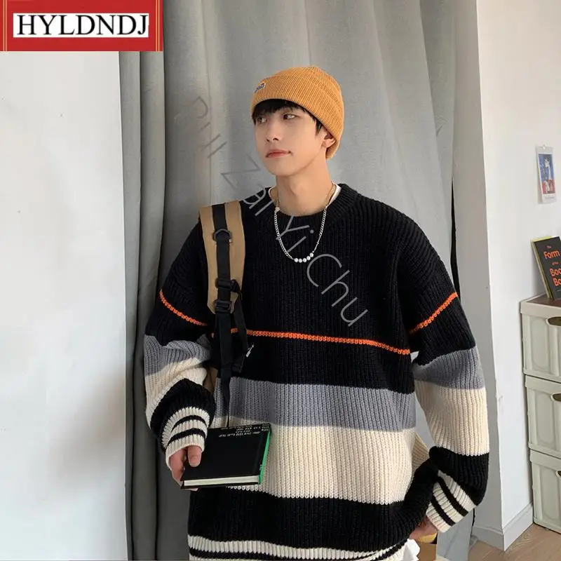 Men\'s Autumn and Winter Striped Sweater Fashion Brand Loose Color Matching Sweater Coat Versatile Lazy Wind Thickened Round Neck