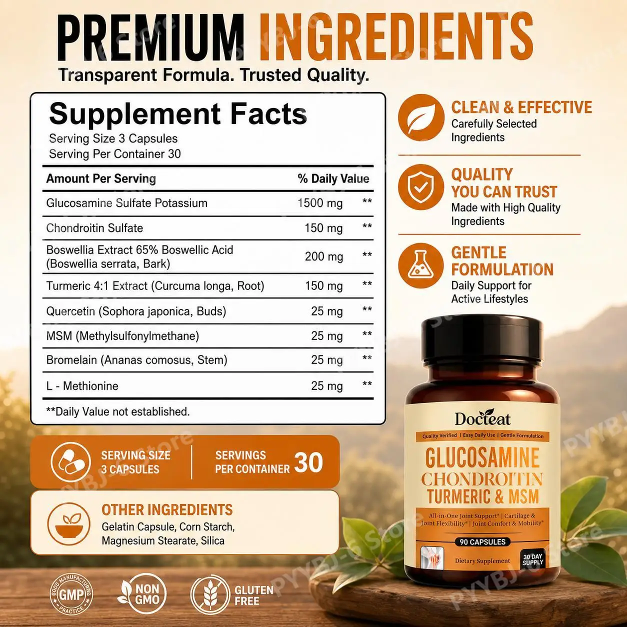 Docteat Glucosamine Chondroitin Capsules 90 Ct with MSM Turmeric Boswellia Joint Support for Flexible Movement & Daily Comfort