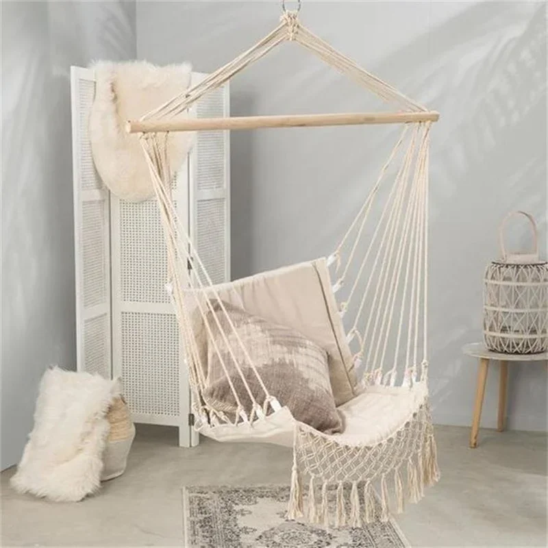 Outdoor Nordic Interior Hammock Chair Home Garden Swing Tassel Hanging Hammock Furniture Indoor Dormitory Chair with Wooden RodA