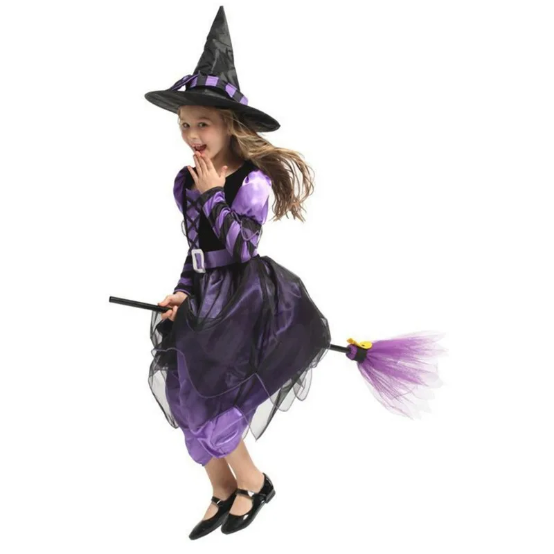 Halloween criança bruxa princesa traje com chapéu masquerade bruxa desempenho traje escola drama trajes