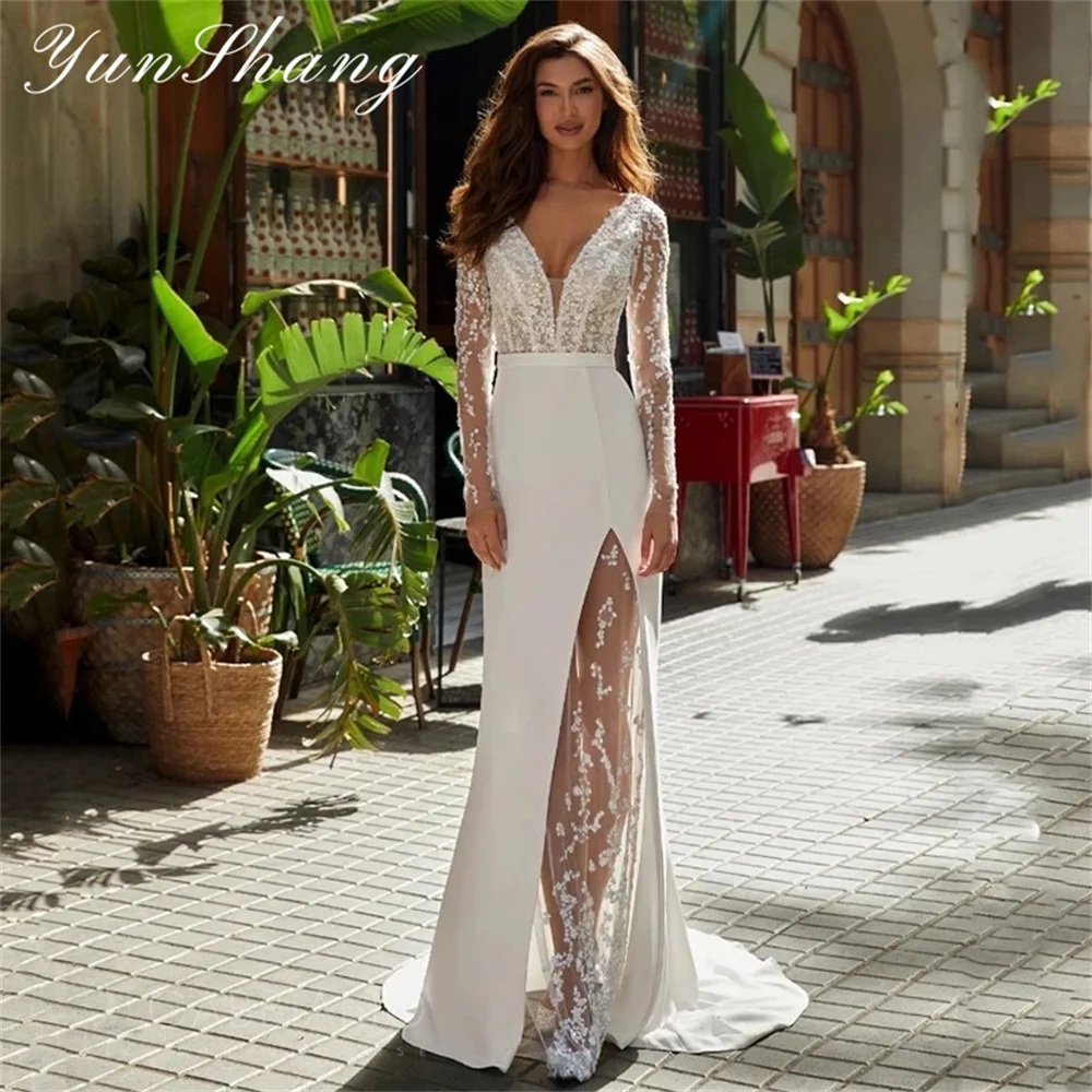 Yunshang-Vestido de noiva elegante feminino, manga comprida, decote em v, costas abertas, vestido de noiva dividido, trem de varredura