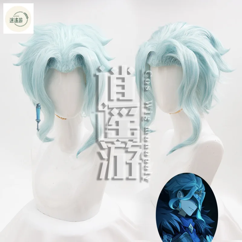 Anime Dottore Cosplay Wig Game Genshin Impact 35CM Mint Blue Heat-resistant Synthetic Hair Halloween Party Cosplay Wigs+wig Cap