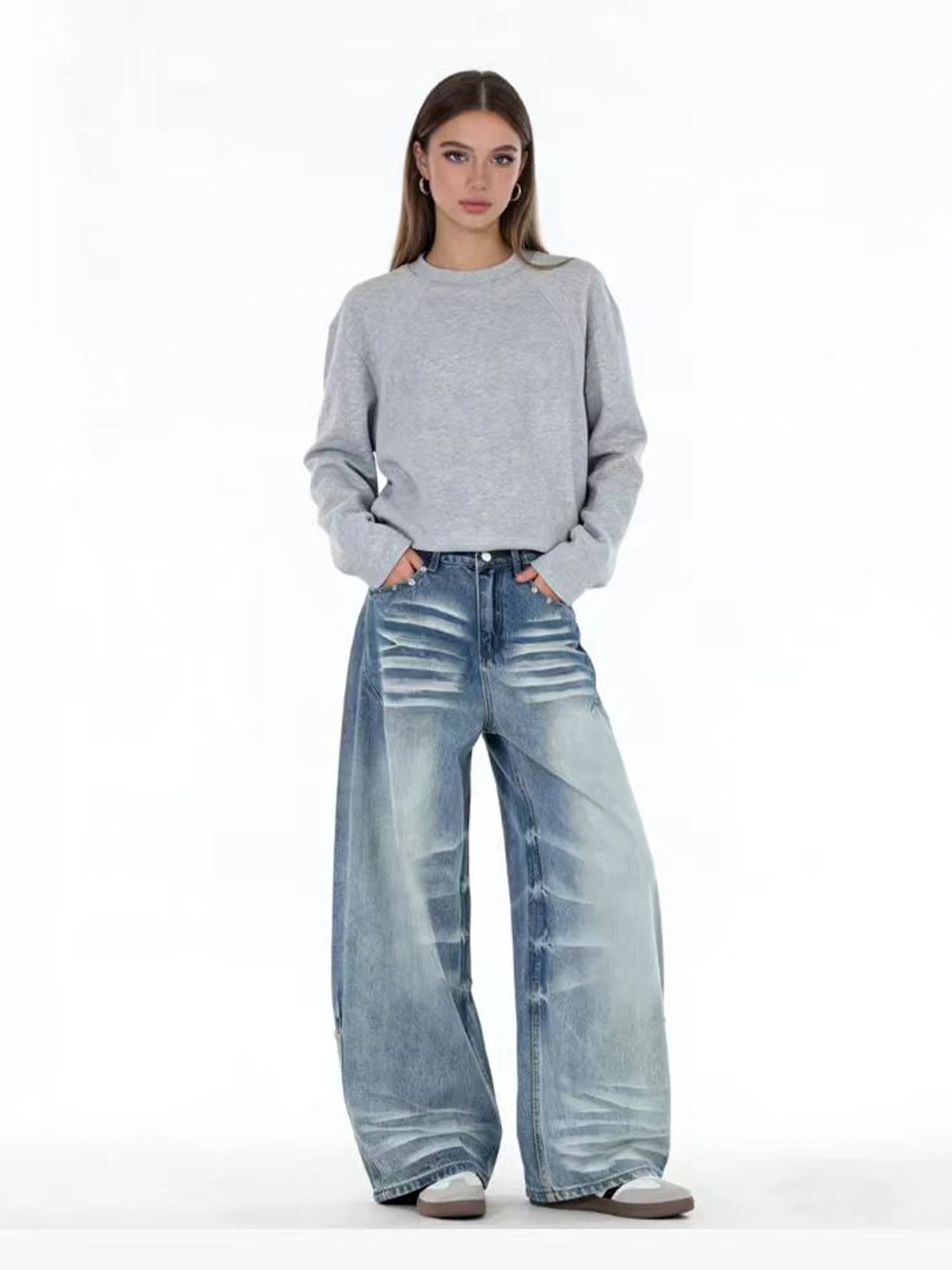 

Женские синие широкие джинсы Y2K в стиле хип-хоп и гранж, винтажные джинсы оверсайз в стиле Харадзюку, выбеленные джинсовые брюки, альтернативная одежда