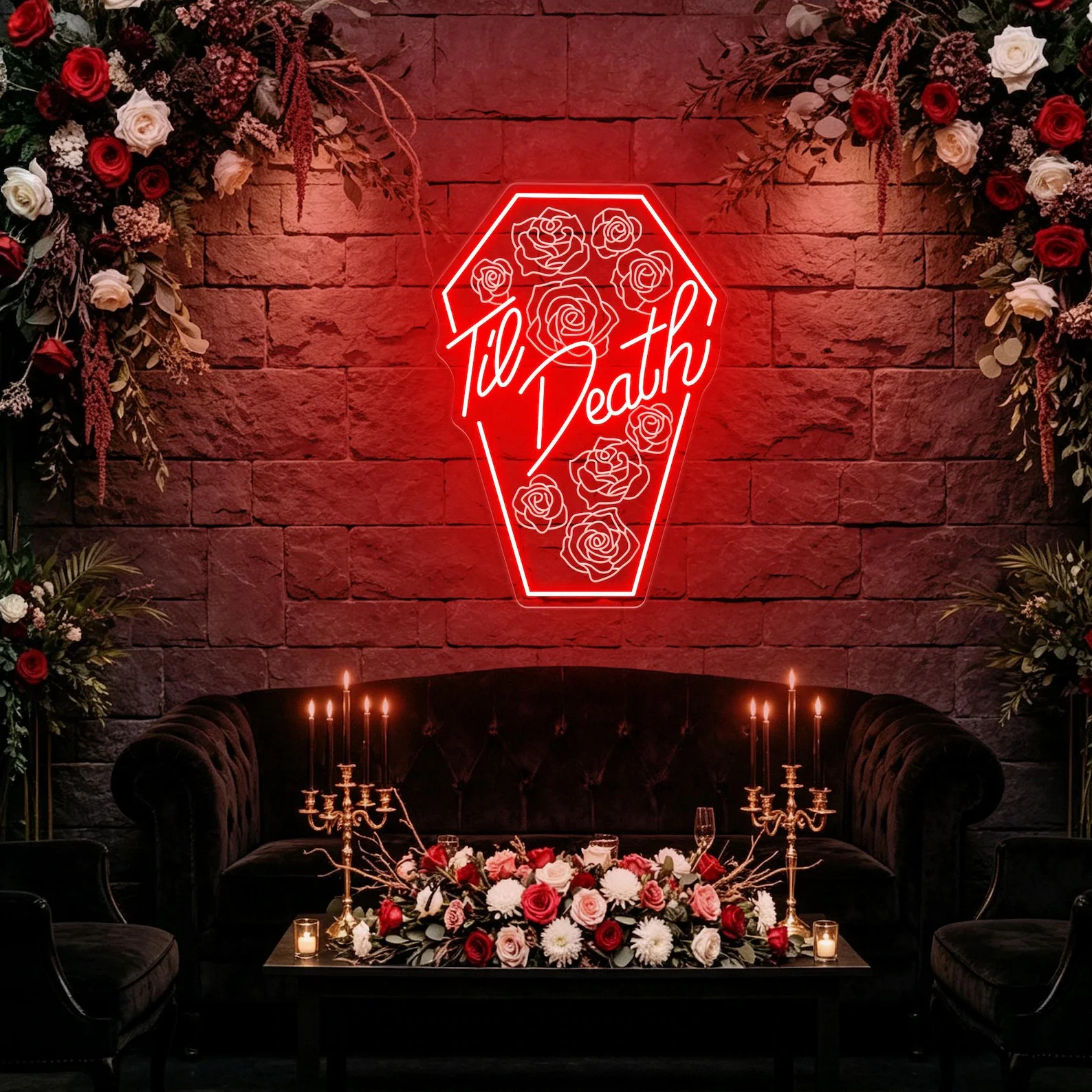 Til Death Roses Coffin Neon Sign Wedding Party Backdrop,Gothic Wedding Neon Sign Decor,Gifts for Couple,Goth Home Wall Decor