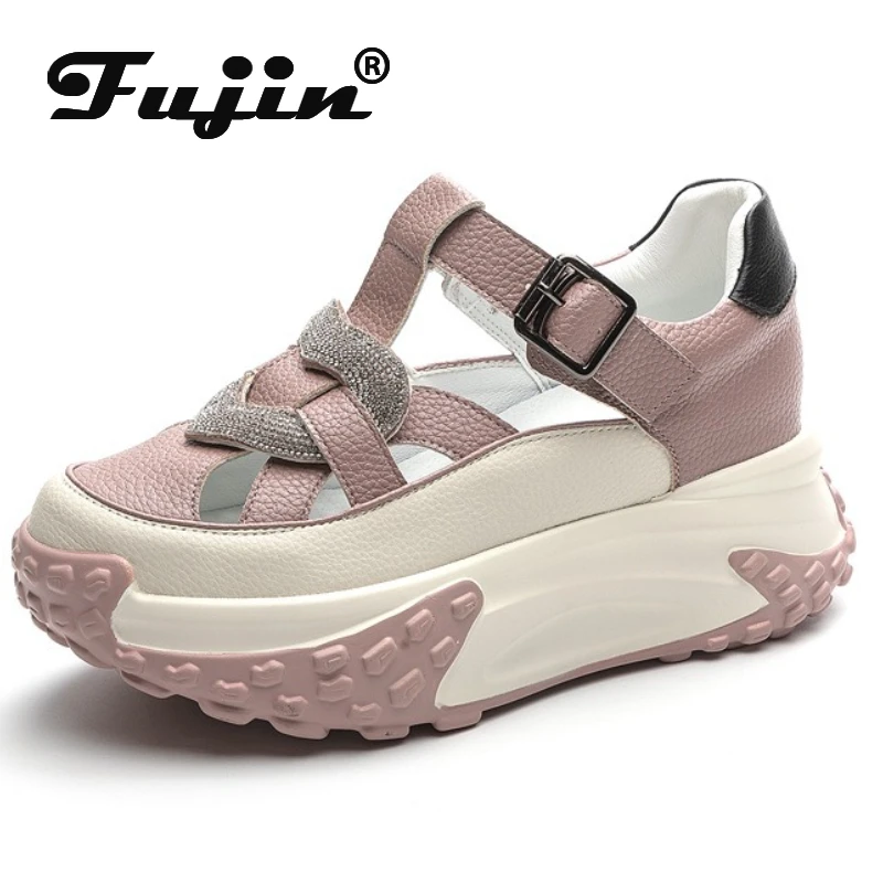 

Fujin 6.5cm Genuine Leather Mary Jane Round Toe Fashion Buckle Sandals Platform Wedge Summer Pumps High Women Brand Flats Shoes