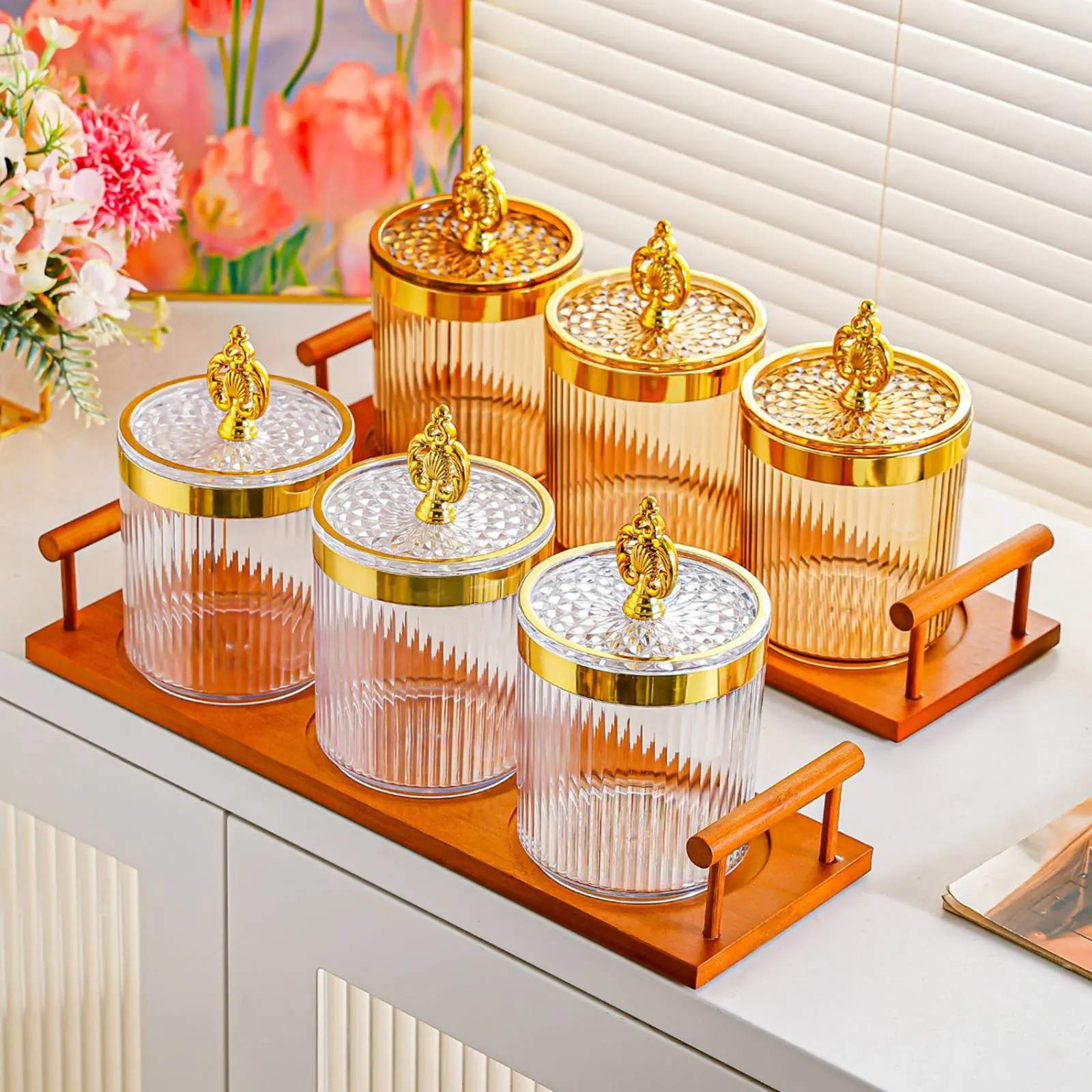 3 Pieces Tea Storage Jar Airtight Decorative Seal Jar Ribbed Plastic Canister Transparent for Kitchen, Pantry