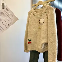 Winter Clothes Women Vintage Cute 3D Cherry Chic Thick Knitted Sweater Simple Casual Long Sleeve Loose Pullover Tops Y2K Jumper