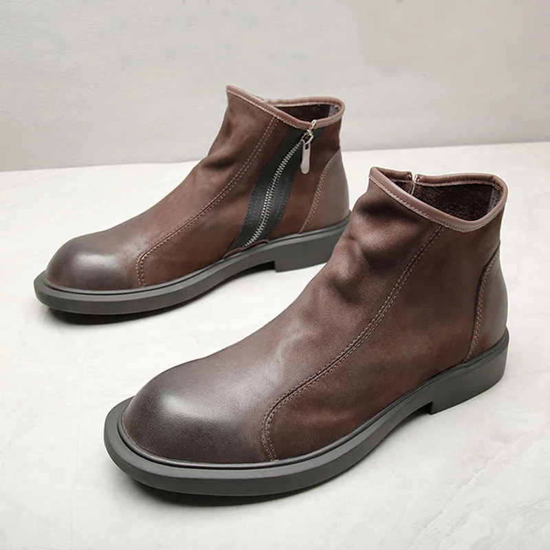 Spring Autumn Genuine Leather Shoes Men Chelsea Boots Fashion Brand Mens Ankle Boots Flat Non-slip Black Brown D563