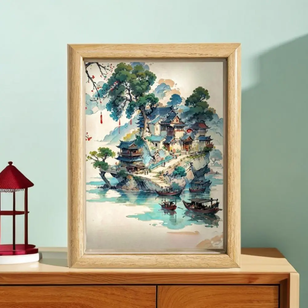 Kawaii Chinese Ink Font Painting Cartoon Exquisite Feng Shui Fortune Word Painting Creative Mini Boat River Scenery Painting