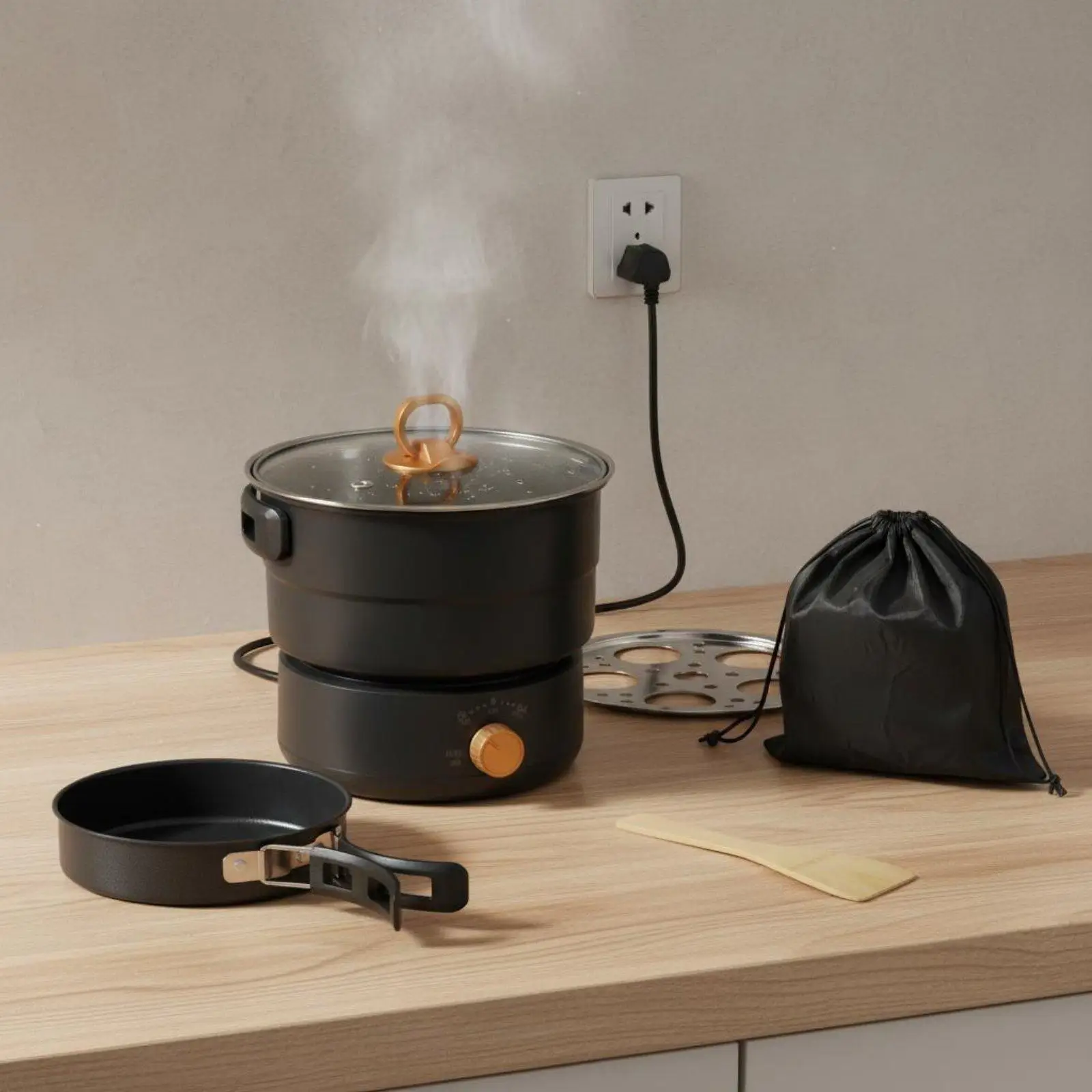 Foldable Electric Cooking Pot Double Electrical Power (110V-220V) Split-Design Travel Cooker Food Grade 304 Stainless Steel