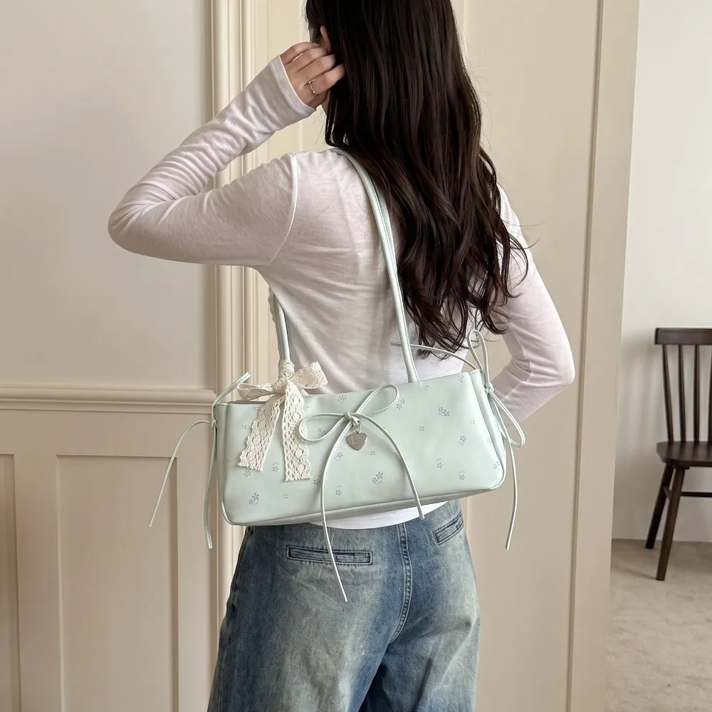 

Heart-Shaped Charm Long Slim Shoulder Bag Lace Adjustable Floral Print Handbag Bow Decoration Cute Underarm Bag Students