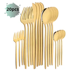 20Pcs/Set Mirror Gold Cutlery Set Stainless Steel Tableware Knife Cake Fork Spoon Dinnerware Set Kitchen Flatware Silverware