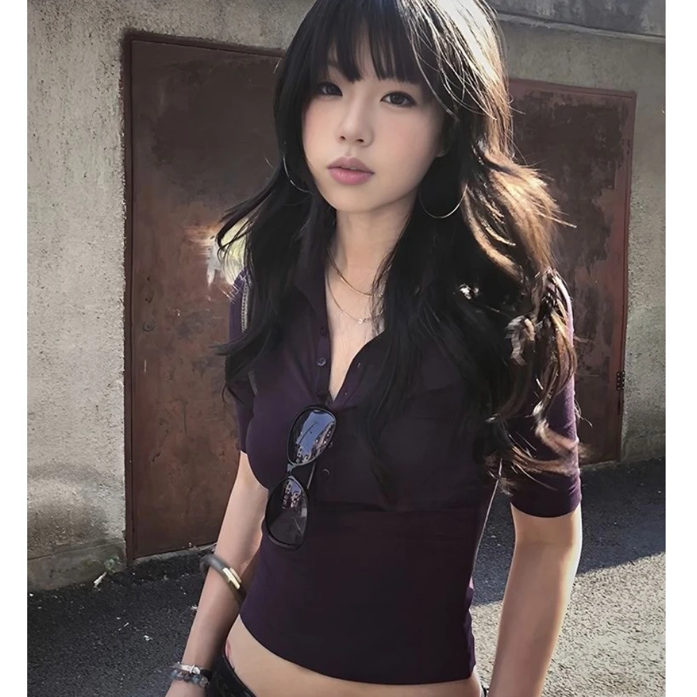 Spicy Women's Slim Fit Polo Collar T-Shirt Short Sleeve Sexy Tight Waist Cinching Navel Exposed Fashion Top