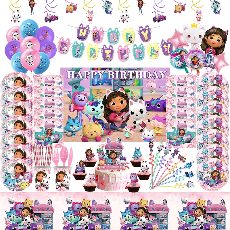 Gabby Birthday Party Decorations Paper Cups Plates Tablecloth Backdrop Pink Balloons Tableware Supplies Birthday Gifts For Kids