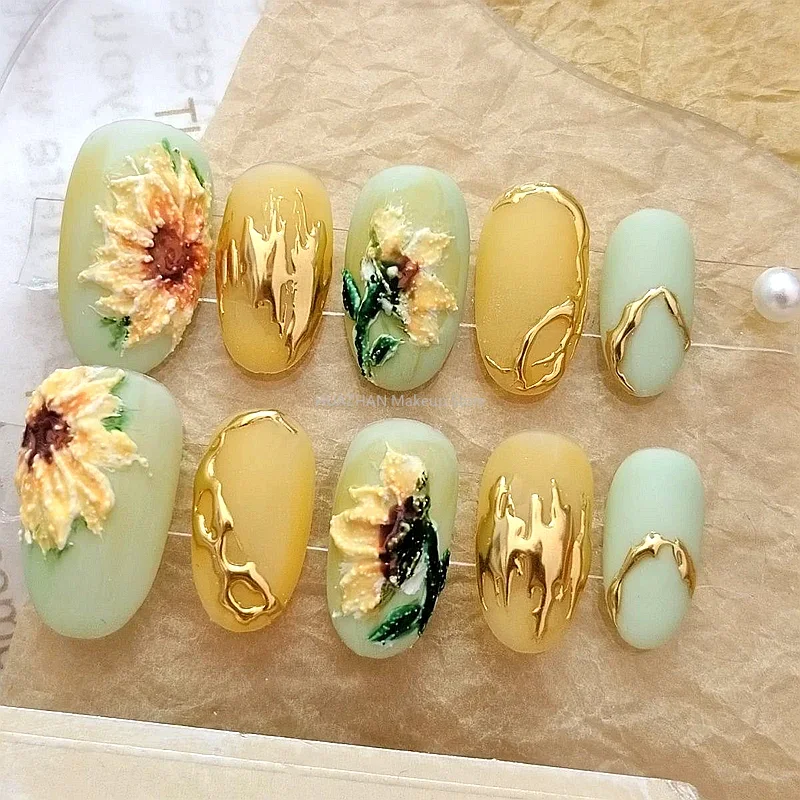 Three-Dimensional Sunflower Design Press On Nails Handmade French Style False Nails Tips Short Reusable Fake Nail With Glue Gift