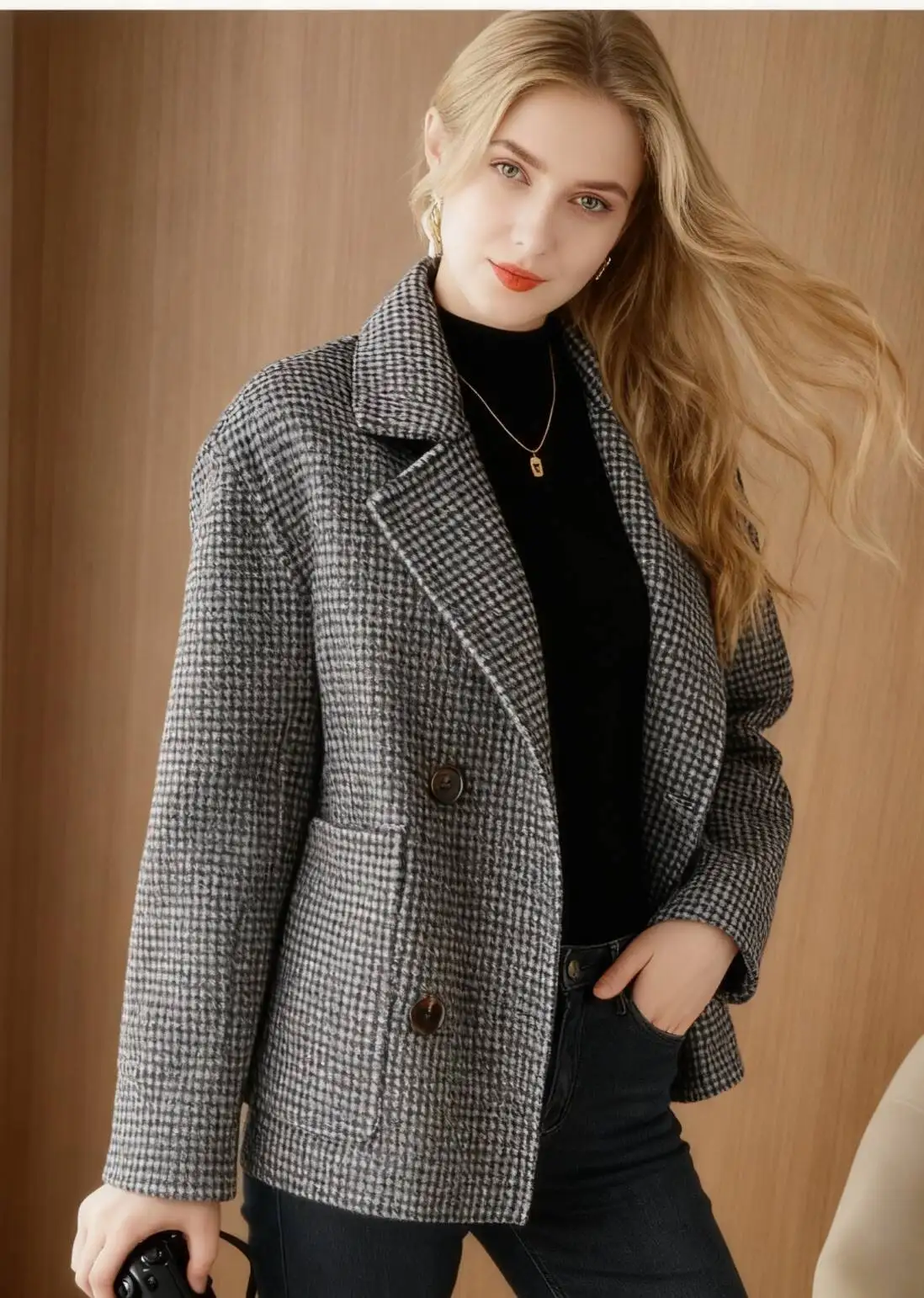 Abrigos de mezcla de lana para mujer, abrigo de lana negro para mujer, otoño, chenilla, cuello con muescas, estampado abstracto, botón hacia abajo, oblicuo, plegable