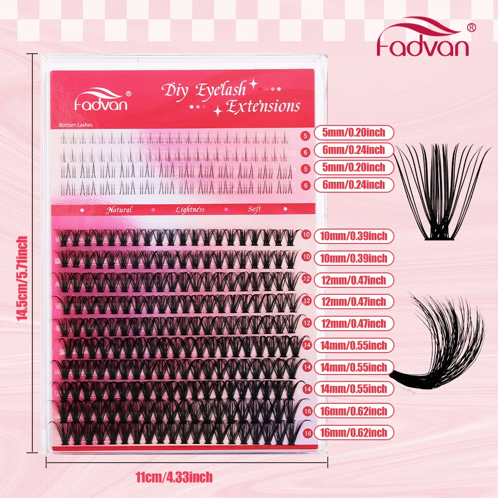 FADVAN Lashes 14 Row 10D-80D Cluster Lashes Upper Lower 0.07 D Mix10-16  Segmented Extens ion DIY