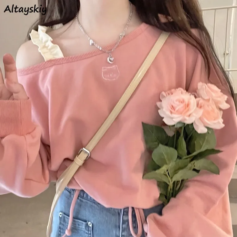 Chic Sweet Off Shoulder Sweatshirts Women Fashion Lovely Spliced Young Popular All-match Soft Loose Leisure Tops Girls Ins New