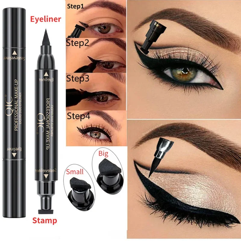 2 In1 Liquid Glitter Eyeliner Stamp Thin Seal Makeup Black Red Green Fast Dry Eye Liner Pencil 7 Color Blue Brown Smoky Eyes