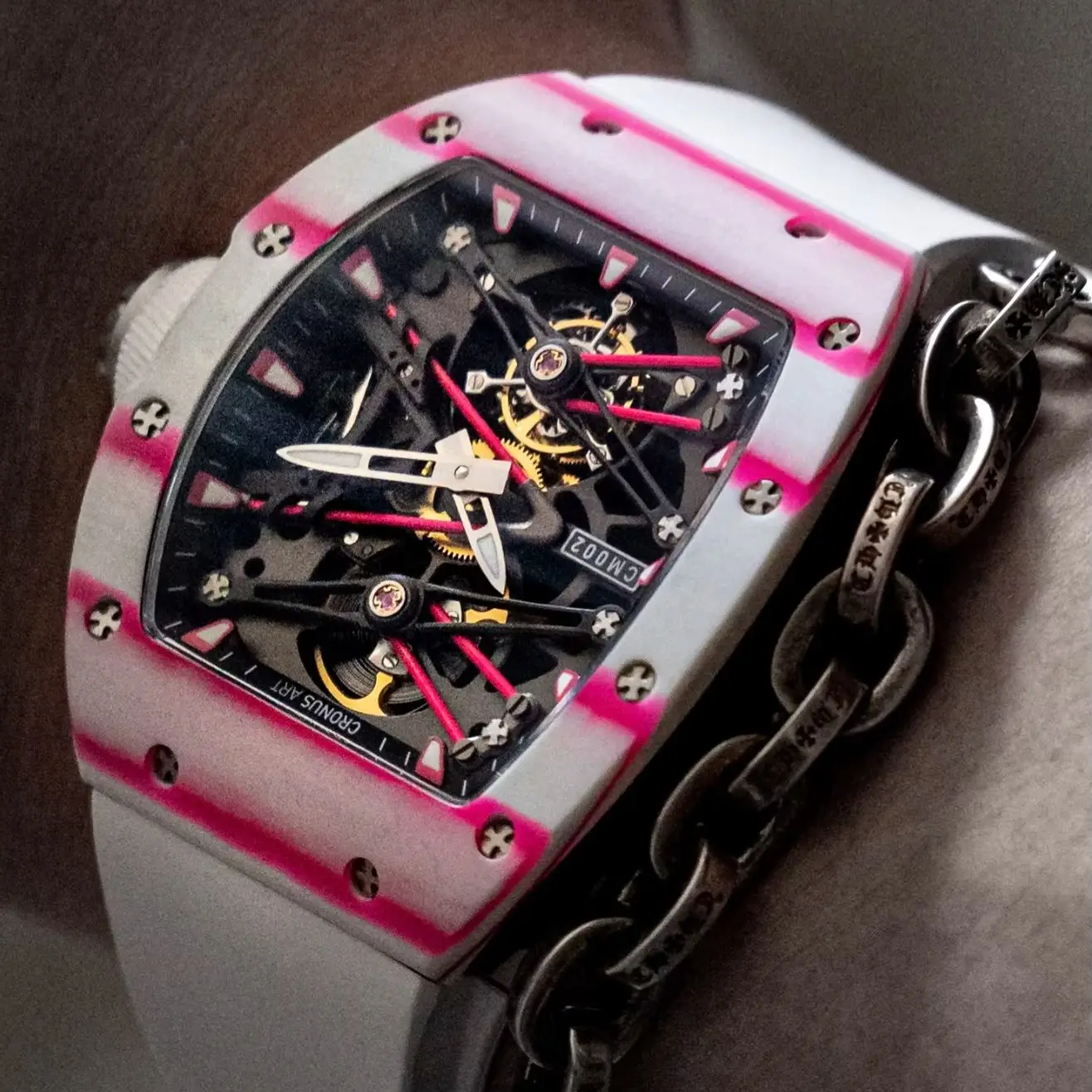 CRONUSART Men Tourbillon Watch 50mm Tonneau Manual Winding Mechanical Wristwatch Carbon Fiber Case Sapphire Mirror Skeleton Dial