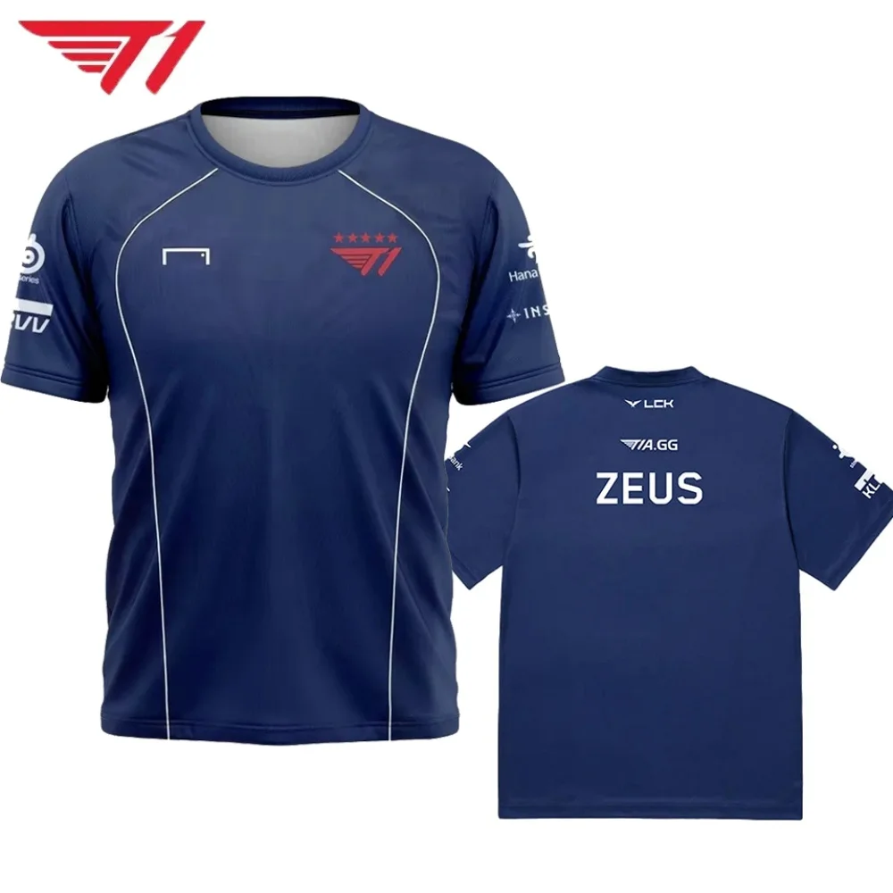 Camiseta de Esports T1 – Camiseta de Gaming de Campeonato en Azul Marino con Logo Rojo de 5 Estrellas; Ideal para Fans de League of Legends y Streetwear