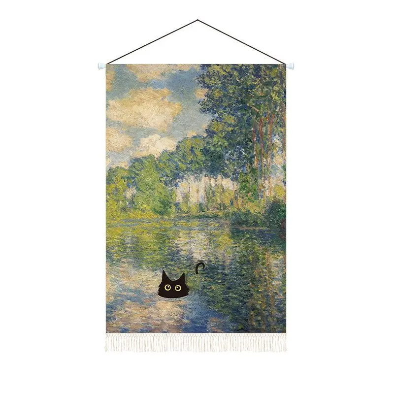 VIKAMA Black Cat Rolling Scroll Tapestry Fun Classic Oil Painting Wall Art Home Bedroom Decor