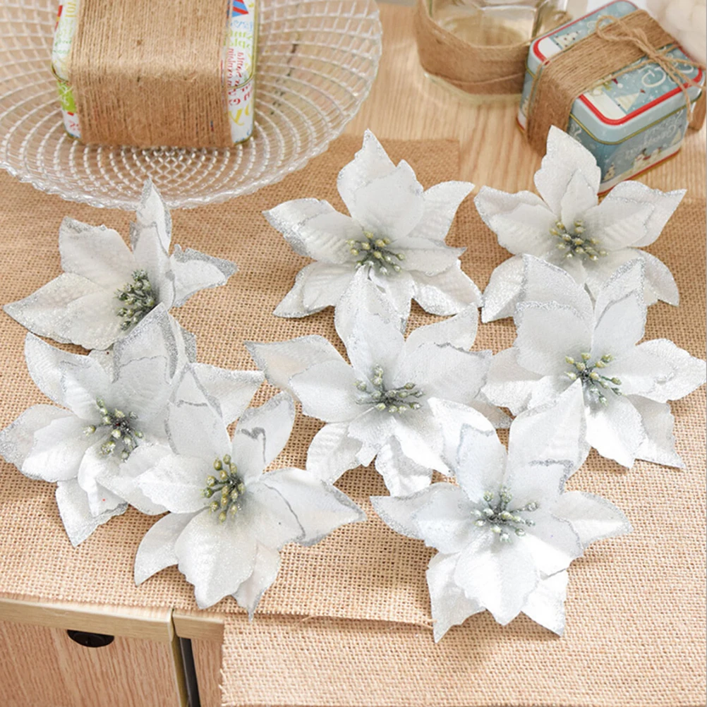 

24pcs Christmas Flower Decorations Gold Powder Floral Silver Artificial Flowers For Christmas Tree Wedding Party Decorative