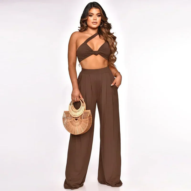 

GUWU Solid Sleeveless Strapless Crop Bra Tops Wide Leg Pants Two 2 Piece Set Fashion Casual Summer Tracksuit Women Set