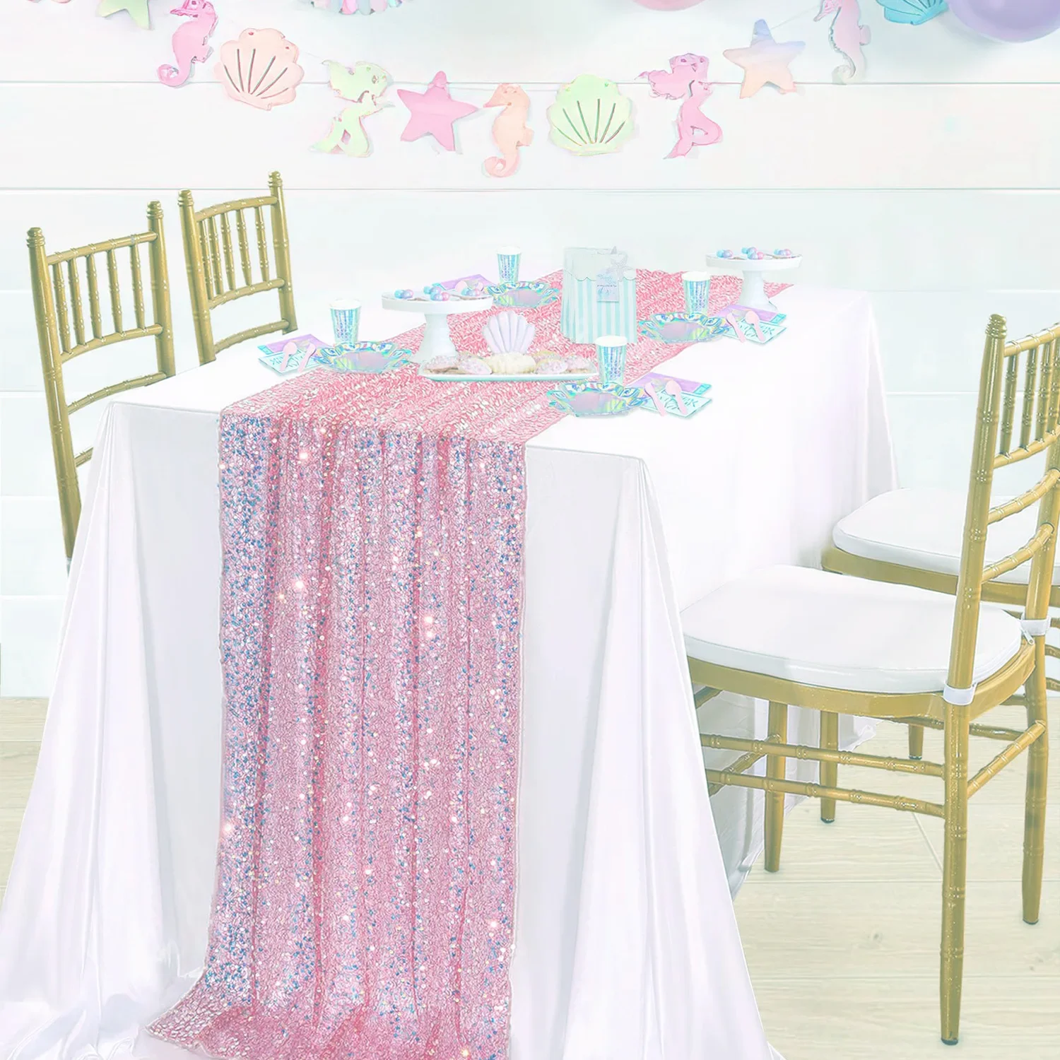 Pink Glitter Iridescent Sequin Table Runner Soft Wedding Dining Table Decoration For Bridal Baby Shower Girls Birthday Party