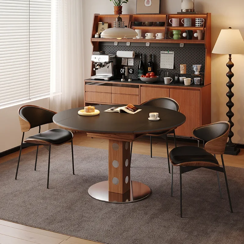 Mesa de comedor de losa de roca negra, mesa redonda retráctil, mesa para comer para uso doméstico, mesa de comedor retro para apartamento pequeño