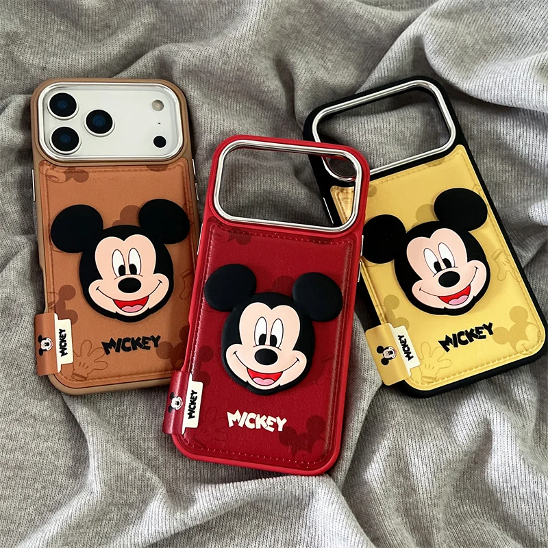 Luxury Disney embossing leather Cute cartoon Funny Mickey Mouse protect Phone Case For iPhone 13 14 15 17 16 Pro Max Cover﻿﻿