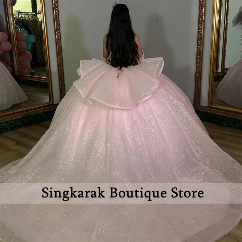 Glitter Pink Princess Quinceanera Dress Off Shoulder Crystals Pearls Beads Tull Sweet 16 Vestidos Ball Gown 15th Birthday