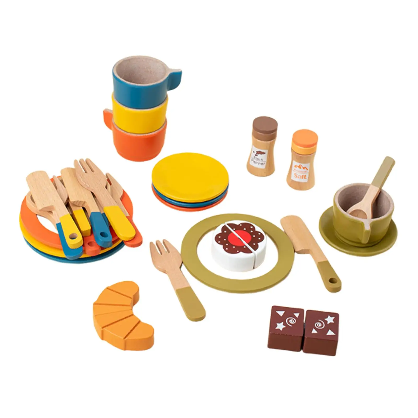 Platos y platos de juego de madera, tenedores para 3 4 5 6 años, accesorios para habilidades para la vida