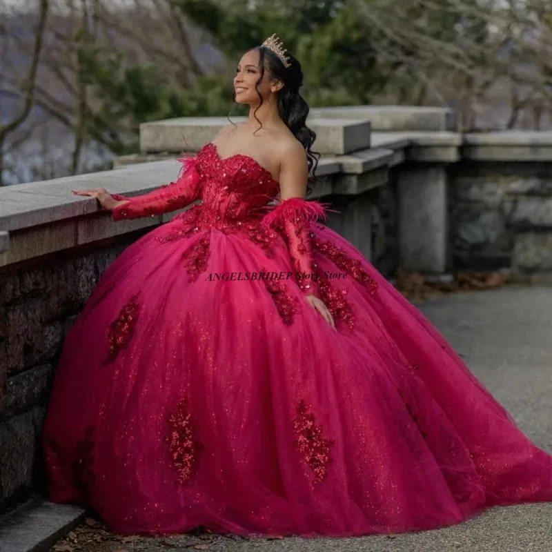 Angelsbridep Розово-красные платья Quinceanera Sweet 15, кружевные платья с аппликацией из тюля и бисера, Vestidos De Quinceañera по индивидуальному заказу