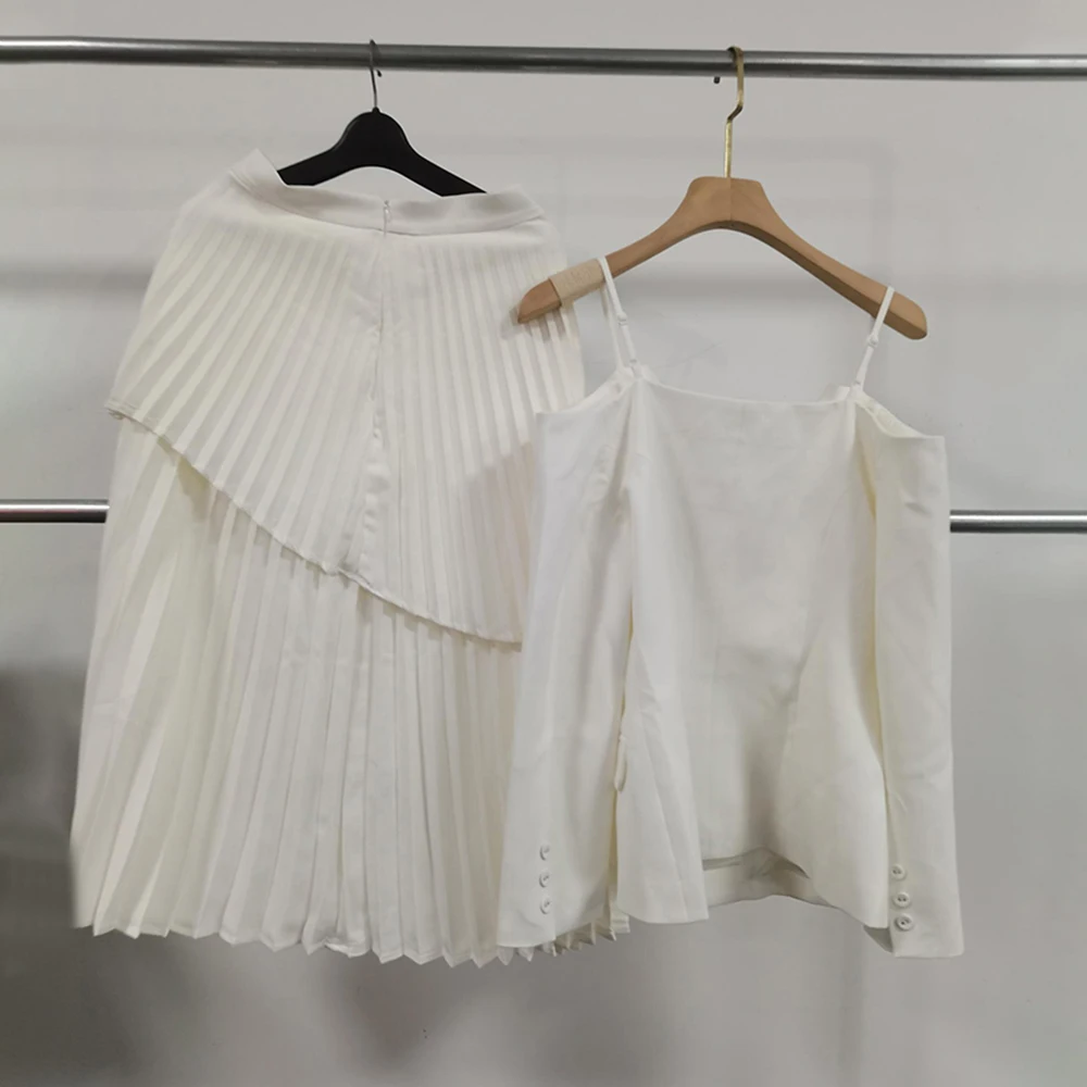 VGH Elegant Skirts Set For Women Lapel Long Sleeve Spliced Belt Tunic Backless Coat High Waist Pleated Skirt Chic Sets Female
