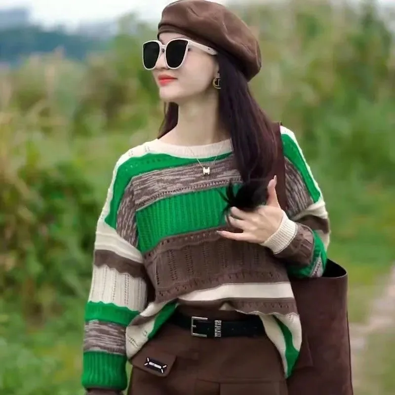 

Spring Autumn Lady Fashion Round Neck Knitted Korean Female Stripe Sweater Loose Jacket 2025 Women Color Blocking Knitting Tops