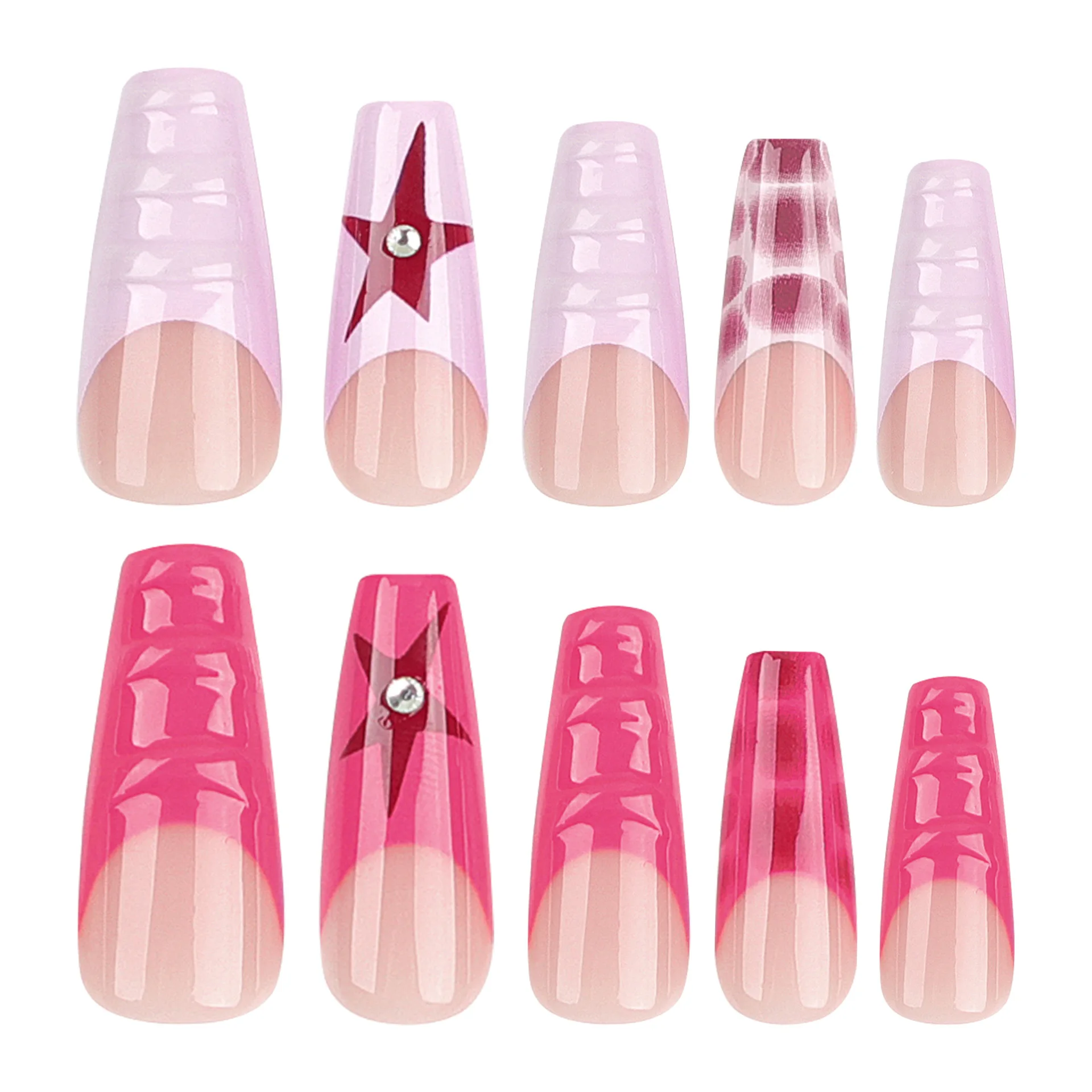 3D French Red Wearable Nail Tips with Star Rhinestones Long Ballet Shape Full Cover Fake Nails for Women&Girls Daily Nail Wear