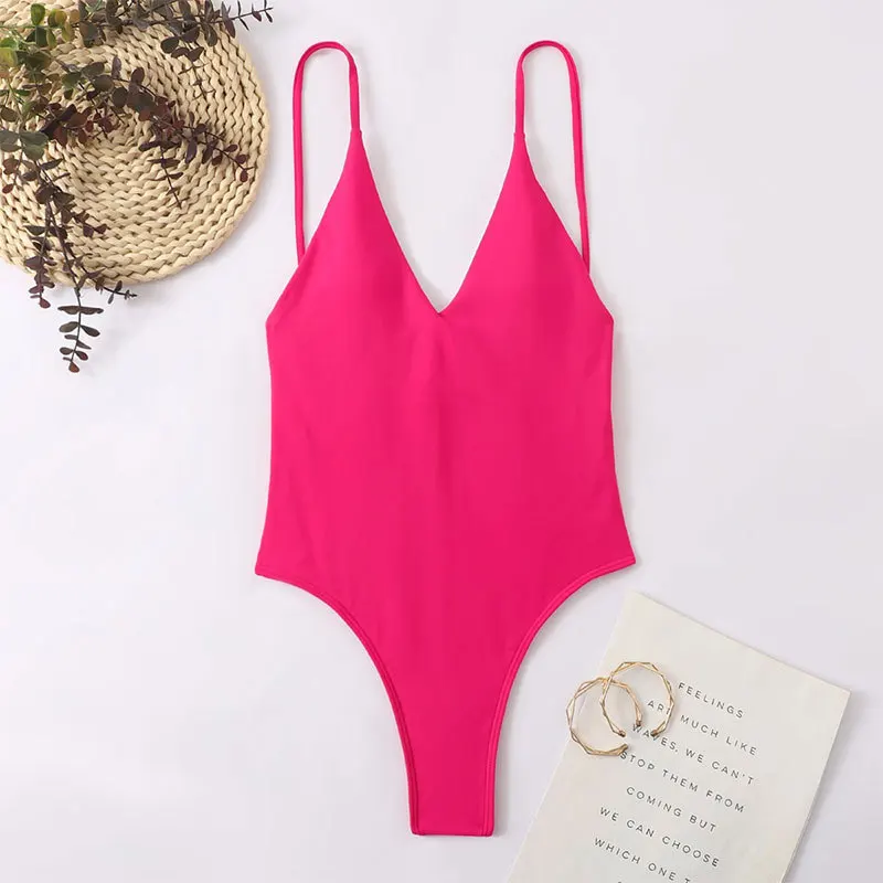 

2023 New Women's Simple Conservative One-piece V-neck Backless Solid Color Sexy Thin Hot Spring Bathing Suit Thong Monokini