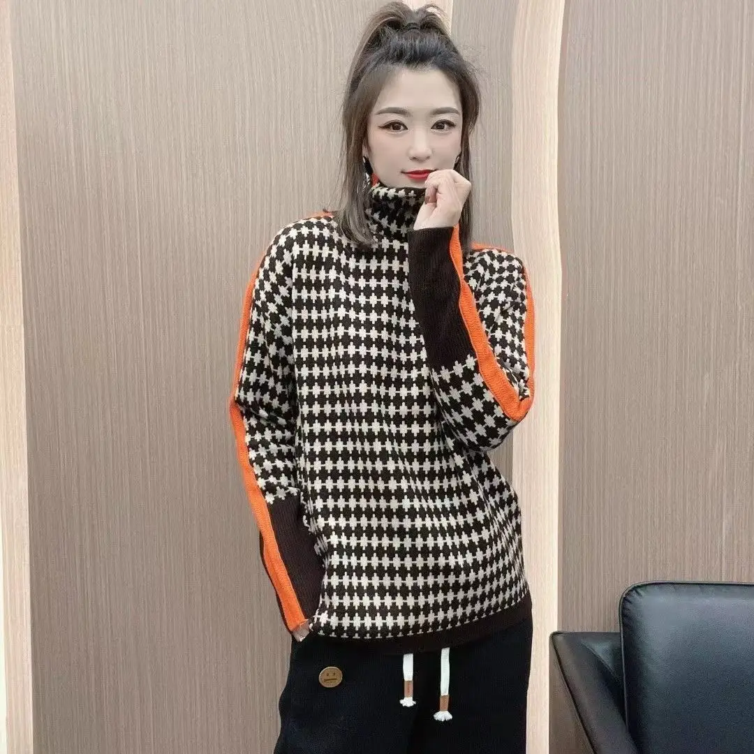 Pullover 2023  Cashmere Long Sleeve Collar Sweater Autumn and Winter Western Checkerboard Bottoming Pullover Sweater