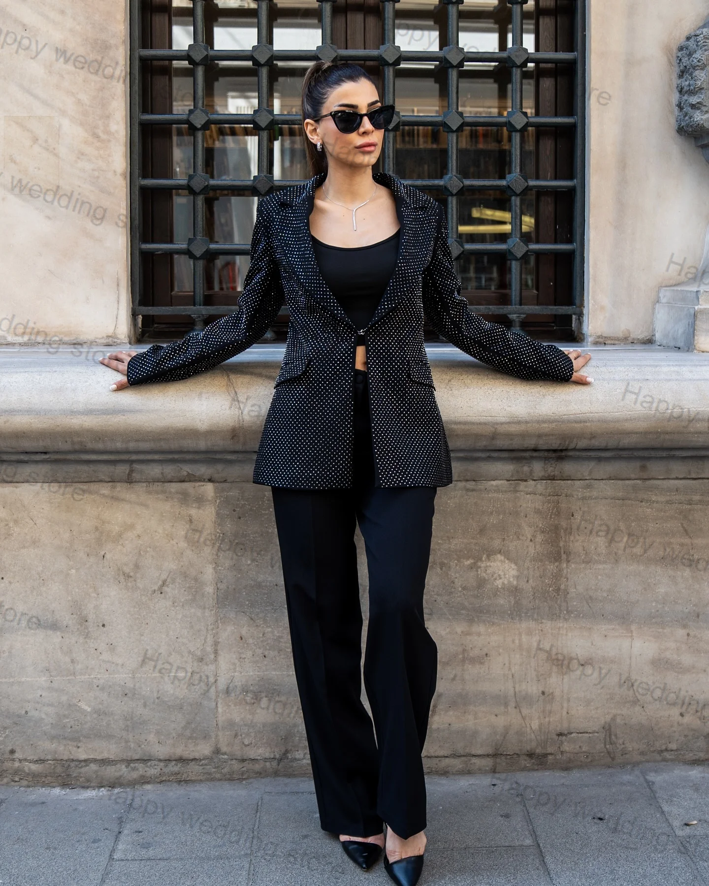 

Crystals Black Formal Women Suit Pants Set 2 Piece Blazer+Trousers Luxury Shiny Wedding Tuxedo Office Jacket Tailored Prom Coat